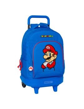 Mochila Escolar com Rodas Super Mario Play Azul Vermelho 33 X 45 X 22 cm